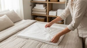 Arrêtez de rouler vos draps-housses en boule : ce pli secret les transforme en rectangles parfaits dans le placard