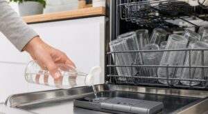Lave-vaisselle : arrêtez le liquide de rinçage, ce produit sous l&rsquo;évier fait le même travail pour des centimes