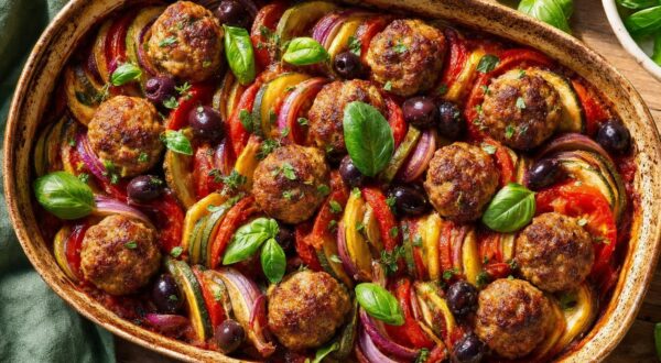 Ce plat au four avec légumes du soleil et boulettes, qui cuit tout seul, va enfin sauver vos soirs pressés