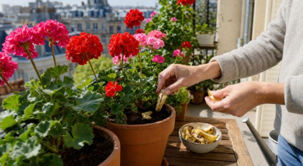 Arrêtez de jeter cette peau de fruit : vos géraniums de balcon se transforment en cascade de fleurs avec ça