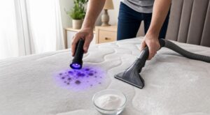 Matelas : je le retournais juste chaque saison, ce que la lampe UV a montré m’a forcée à l’assainir avec cette méthode