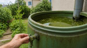 Récupérateur d’eau de pluie vert en juillet : ce détail ignoré avec la cuve bouche le robinet en quelques jours