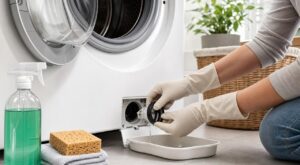 On laisse le hublot du lave-linge ouvert, mais si l’odeur revient, vous négligez souvent cette partie cachée dessous