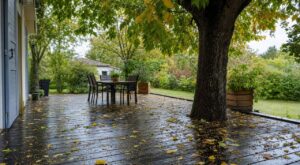 Terrasse en bois sous un tilleul : ce n&rsquo;est pas la pluie qui la rend glissante, mais cette erreur au 3e automne