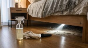 Je retournais juste mon matelas : ce que la lampe a révélé sous le sommier m’a fait adopter ce spray maison assainissant