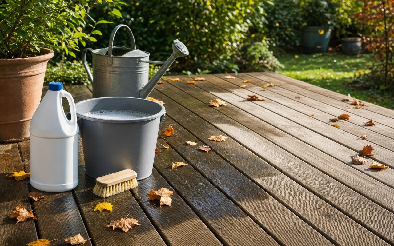 Terrasse : ne faites plus cette erreur avec l’eau de Javel avant l’automne, vos lames et votre jardin n’y résisteront pas