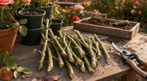 Deux jardiniers ont bouturé leurs rosiers en septembre : un seul a prélevé ce petit éclat de bois qui garantit leur enracinement