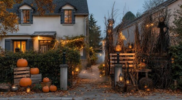 Deux voisins ont préparé leur jardin pour le 31 octobre : l'un empile des citrouilles, l'autre n'utilise que des branchages de haie