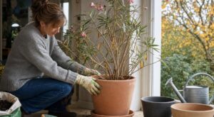 Elle rentre son laurier-rose à l'abri du gel comme chaque hiver : ce n'est pas le froid qui l'a abîmé, mais son geste de mi-octobre