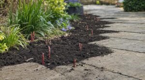 Il a étalé la terre gratuite d'un terrassement sur ses massifs en octobre : au printemps, la renouée du Japon perçait entre les dalles