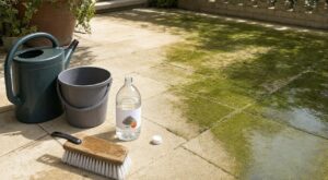 On s'obstine tous à sortir le nettoyeur haute pression : le vinaigre blanc élimine les algues d'une terrasse en 30 minutes au printemps